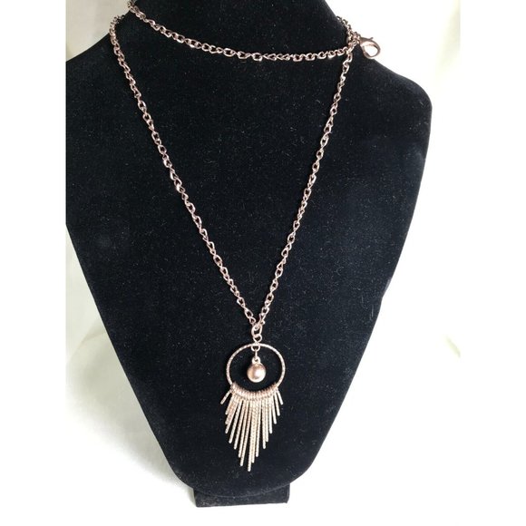 Gold Toned Fashion Sweater Necklace with a Circle Bead Pendant with Fringe - 34" - Picture 1 of 4